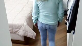 Pretty stepmom in taut jeans shows off her large butt and masturbates.
