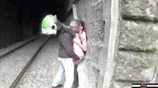 Screwed between the railway tracks this babe gets a large swallow of cum