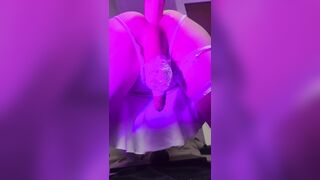 Femboy twink in white underware riding massive BBC vibrator with oozing spunk flow