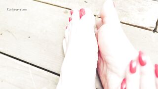 Stockings, feet, and rain sounds outside!