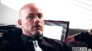 Small blond teen secretary blows and rides large jock aged boss in his office