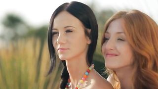 Beautiful Lesbians Oiled and Licking Outdoors
