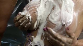 Messy girl-girl food sex