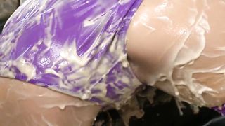 Messy girl-girl food sex