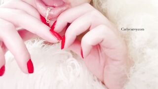 Blond Carlycurvy shows u her lip ring and large bazookas!