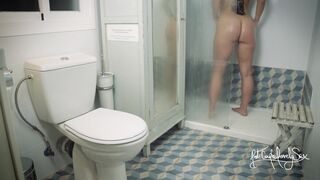 A dream in the washroom with my roommate! 2 dildos, 2 orgasms in a lesbo experiment