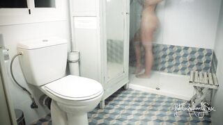 A dream in the washroom with my roommate! 2 dildos, 2 orgasms in a lesbo experiment