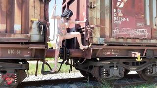 Nude in public on a old teach