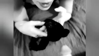 That babe's licking her immodest pants and sucking hard and ribald wang