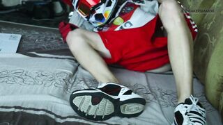 Twink stud jerks off in the morning in MXHelmet and sneakers