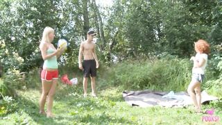 The redhead and the blondie gottagether and teamed up to have sex in the woods... they must take turns to suck and ride Milo P pulsating wang. It's an outsides 3some session!