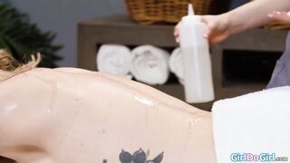Lily Labeau has pulled a muscle and her tiny lesbo ally masseuse Nicole Vaunt gives her a full body oil massage which leads to a vagina licking