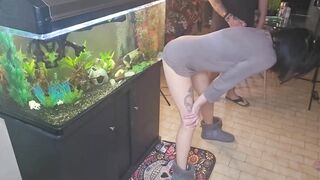 Allies wife banging vibrator during the time that 2 allies cum on her sex tool