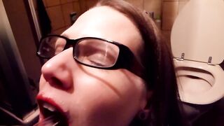 Nerdy librarian with glasses likes to swallow void urine