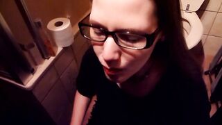 Nerdy librarian with glasses likes to swallow void urine