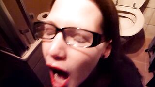 Nerdy librarian with glasses likes to swallow void urine