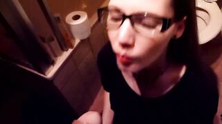 Nerdy librarian with glasses likes to swallow void urine