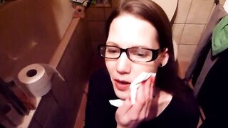 Nerdy librarian with glasses likes to swallow void urine