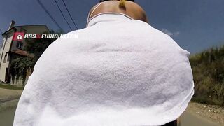 Riding in green micro pants