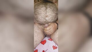 Corpulent hirsute bear works out his shlong and lets off thick load