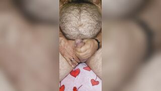 Corpulent hirsute bear works out his shlong and lets off thick load