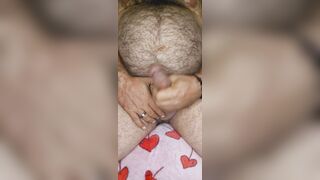 Corpulent hirsute bear works out his shlong and lets off thick load