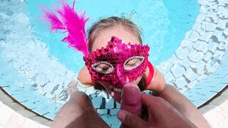 Little Bitch Sucks Wang, Deepthroat in a Swimming Pool with Bawdy Facial