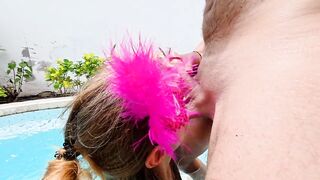 Little Bitch Sucks Wang, Deepthroat in a Swimming Pool with Bawdy Facial