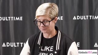 Director Bree Mill is about to begin the podcast but that babe ends up catching their guest Kenna James licking her assistants shaggy twat.