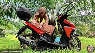 Wild Girlfriend Bang on a Scooter & Juicy Squirt in a Jungle During Rain