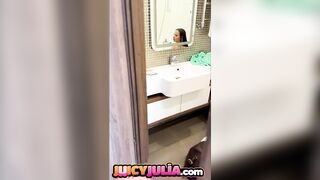 Soaked Julia peeing in baths and showing her large melons