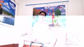 Photo discharged. Bride in white costume and have no pants in art gallery.two