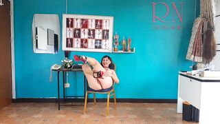 Pants and hawt corset. Dissolute wench shows breasts and pussy to her boss. 1