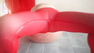 Regina Noir. A woman in yoga leotards practices yoga in the gym. Transparent red leotard yoga. 4