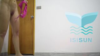 Golden-haired playgirl trying on hot jeans on her flawless body