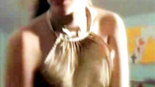 Girl snif the strong smell her drool in sexy silk top blouse