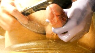 Thick Spunk flow on Glass Close up After Edging My Wang with a Sex-toy