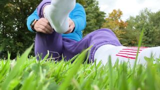foot worship nude and in socks in public outdoor