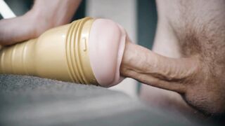 Large white knob permeating fleshlight and thick cum