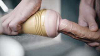 Large white knob permeating fleshlight and thick cum