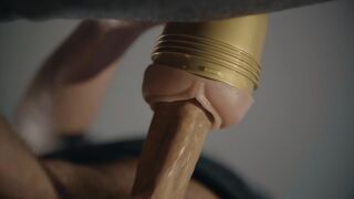 Hung hunk banging fleshlight in 4K. Large uncut white schlong. Frog view. Cum.