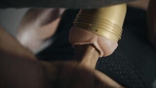 Hung hunk banging fleshlight in 4K. Large uncut white schlong. Frog view. Cum.