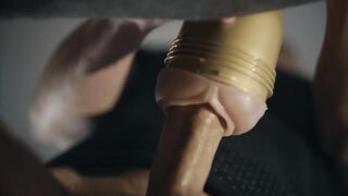 Hung hunk banging fleshlight in 4K. Large uncut white schlong. Frog view. Cum.