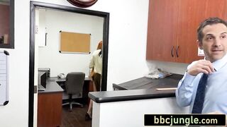 Breasty Redhead Boss Takes a Thick Ebony Schlong on Her Desk