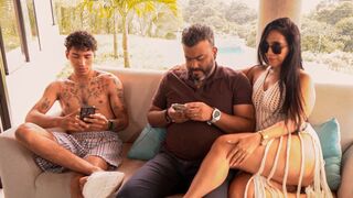 Barefaced stepmother bangs her stepson whilst her spouse goes out to take a call