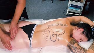 The KINKY masseur pushes the limitations of the massage, gives her a toy and puts his cock in her throat