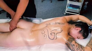 The KINKY masseur pushes the limitations of the massage, gives her a toy and puts his cock in her throat