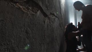 See her flirtatiously tug on his tie, whilst giving him an upskirt of her pantyless ass...