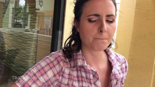 Making her cum her publicly with remote dildo below the table