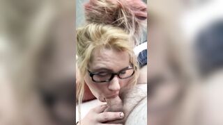 Streetwalker with glasses deepthroats a rod then sucks off each drop of cum after a chap cums in her throat